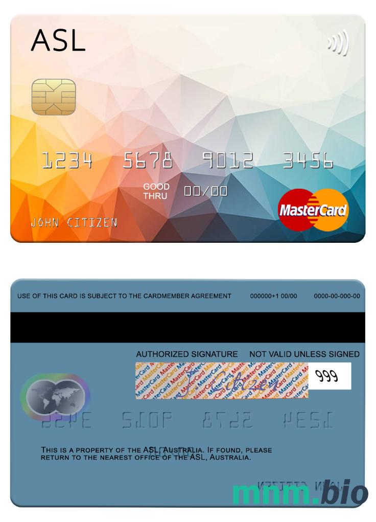 Australia Australian Settlements Limited (ASL) przykład karty mastercard w formacie PSD